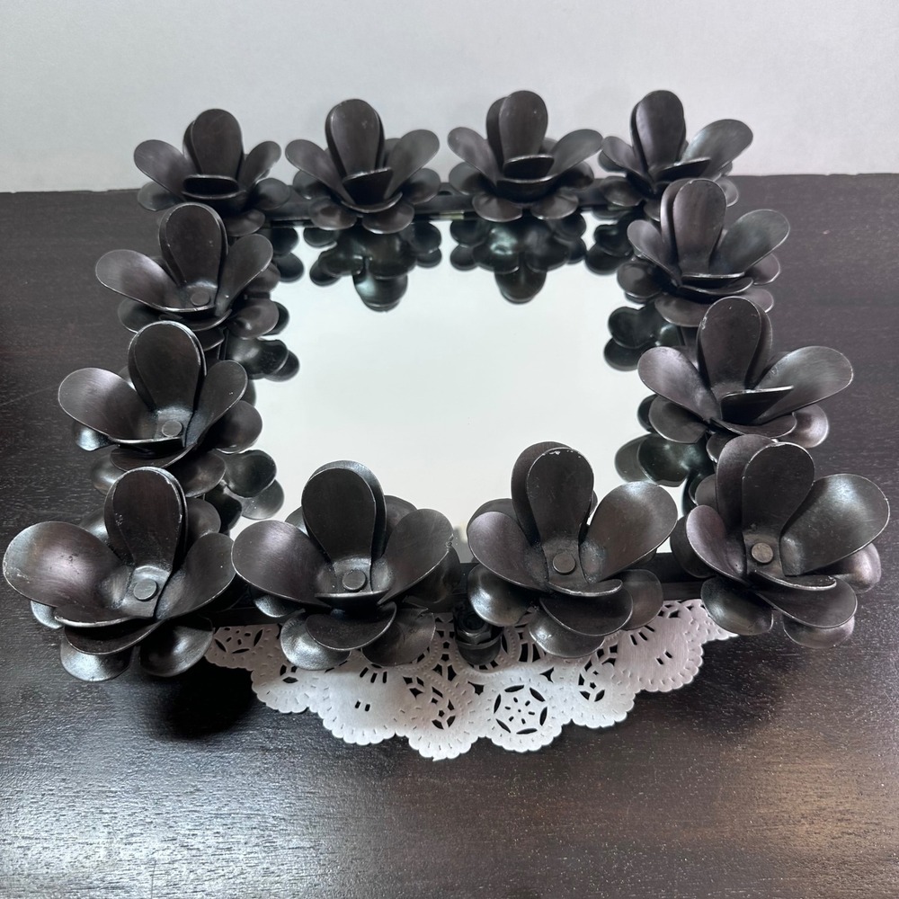 Vintage Brutalist Black Metal Floral Square Mirror Vanity Tray 11.5" Statement